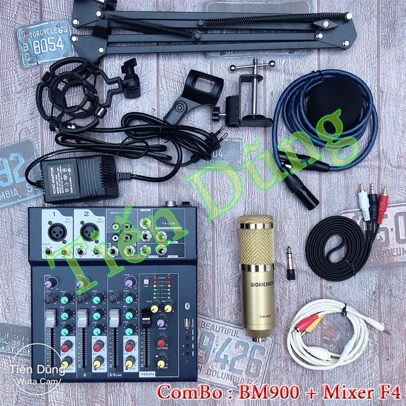 Combo mic thu âm bm900 woaichang shockmourt kim loại với Mixer F4 chân dây livestream chế dây mic 3m zắc 6.5 dây nhạc