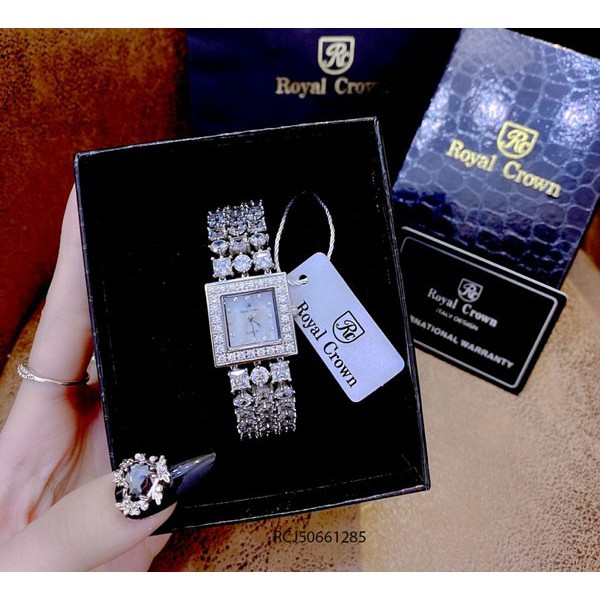 Đồng hồ nữ dây kim loại, đồng hồ đeo tay nữ mặt vuông ROYAL CROWN chính hãng Full box, đính kim cương nhân tạo siêu sang