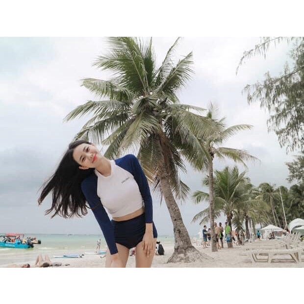 Bikini, Bộ Đồ bơi nữ áo tắm hai mảnh dài tay đi biển chất thun lạnh hàn quốc kín đáo che bụng quảng châu