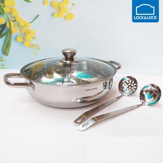 Nồi lẩu 2 ngăn inox 304 lock&lock lcm2288 đường kính 28cm vung kính tặng 2 muôi lẩu inox