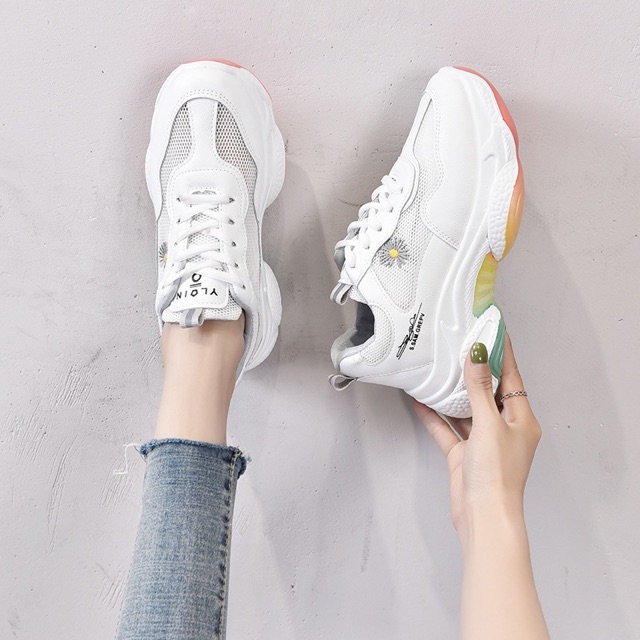 Giày sneakers thể thao ⭐️FREESHIP⭐️ giày nữ phối lưới  thoáng khí hoa cúc độn đế cầu vồng, tăng chiều cao