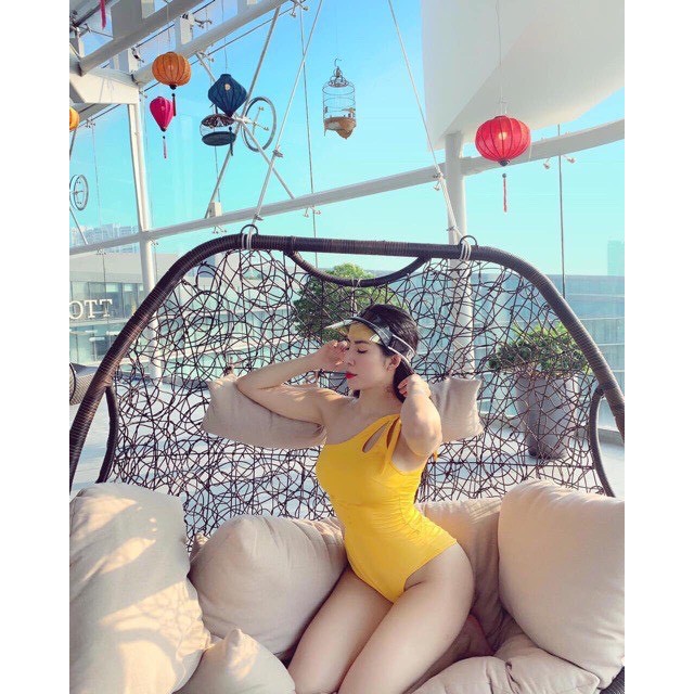 Bikini 1 Mảnh Nơ Lệch Vai Cut Out Hai Màu, Bodysuit Áo Tắm Liền Thân Khoét Eo Sexy [Ảnh Chụp Thật]  - OS066