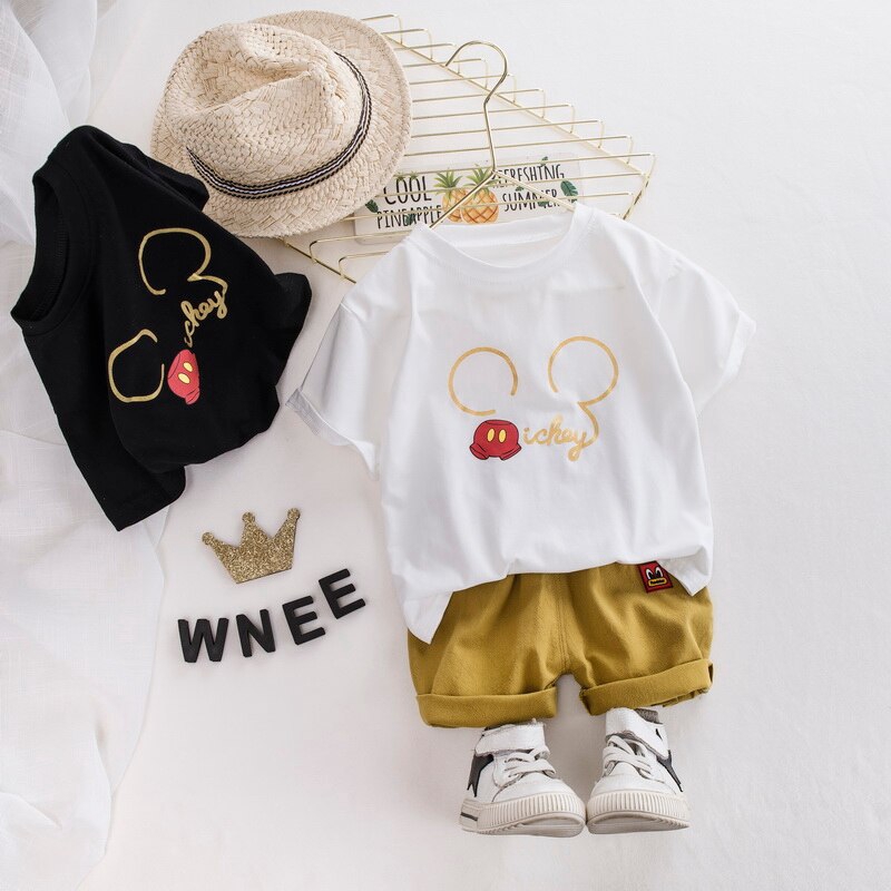 Set Đồ Thể Thao Gồm Áo Thun Cotton In Hình Chuột Mickey + Quần Ngắn Thời Trang Mùa Hè Cho Bé Trai