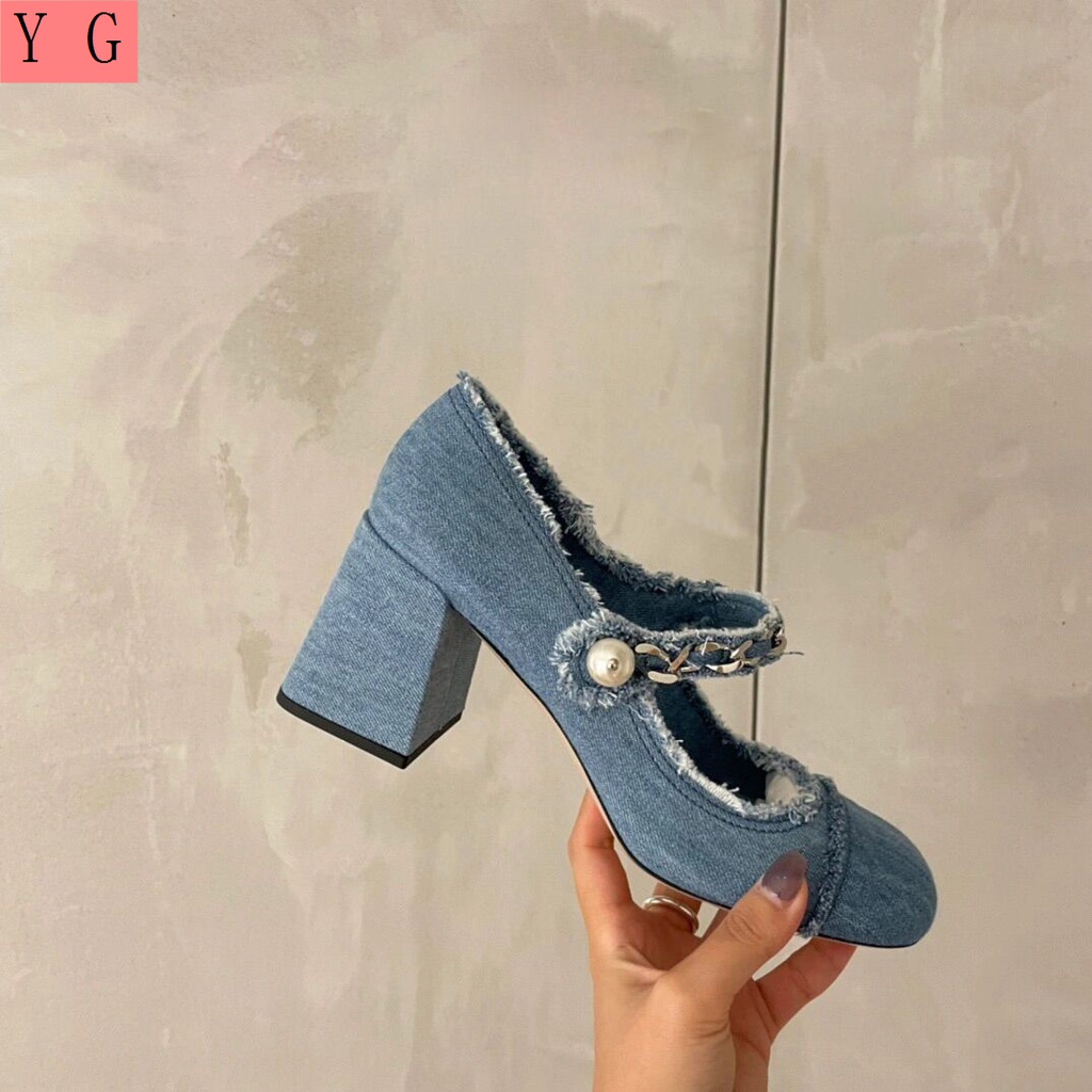Giày Cao Gót Denim Mary Jane Cao Gót Hở Ngón Đính Ngọc Trai Thời Trang Mùa Hè Hàng Mới 2022
