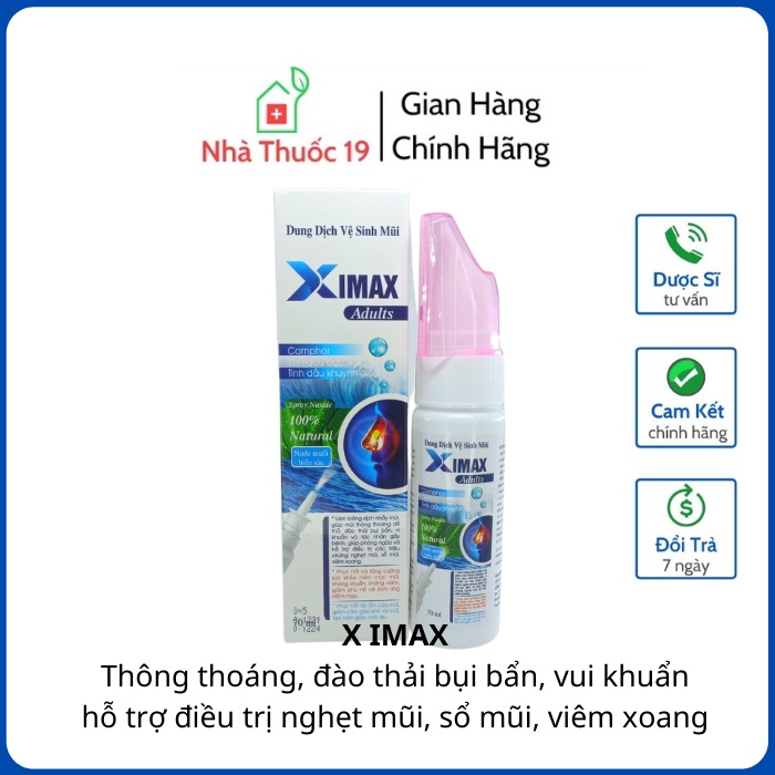 Dung Dịch Vệ Sinh Mũi XIMAX ADULTS 70ml Làm Loãng Dịch Nhầy Giúp Mũi Thông Thoáng Dễ Thở Hơn, Chiết Xuất Từ Muối Biển