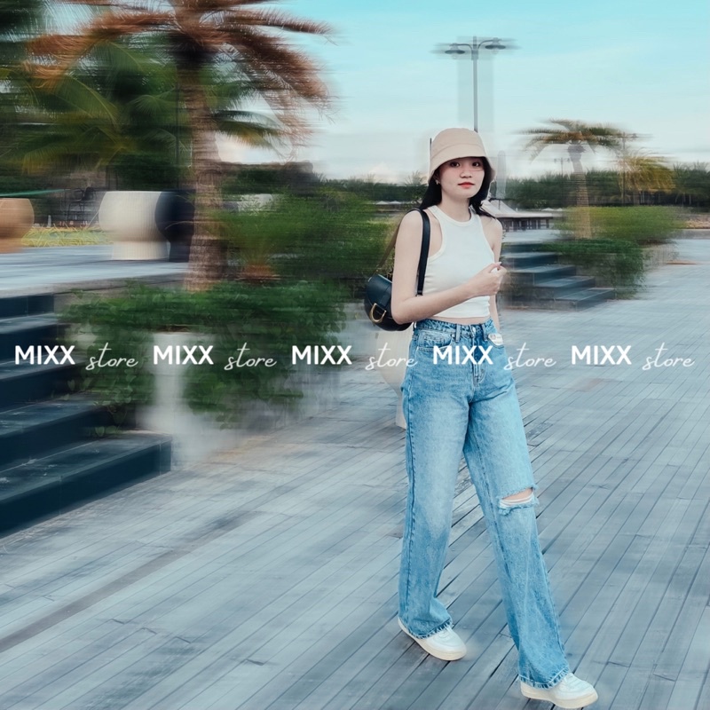 Quần Jean Nữ ống suông lưng cạp cao rách 1 bên gối siêu chất trendy trẻ trung thời trang