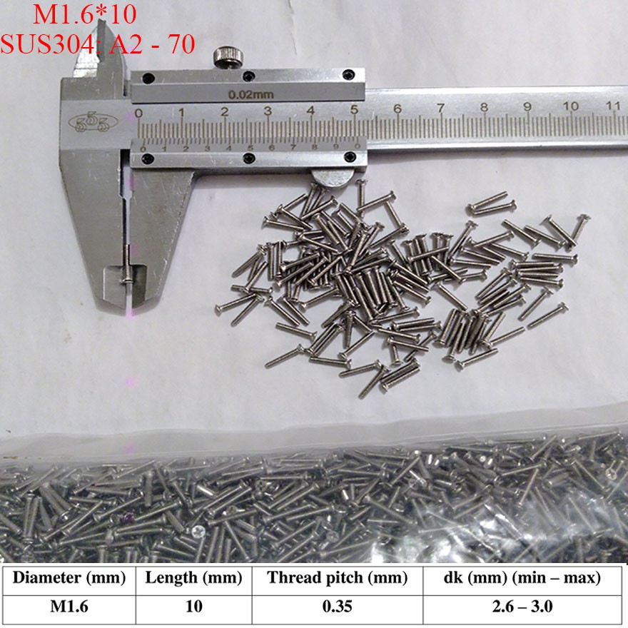 Vít chìm 4 cạnh đầu bằng M1.6. DIN 965, SUS 304 (100 cái)