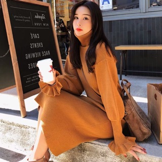 Váy len nữ tay bồng cổ cao