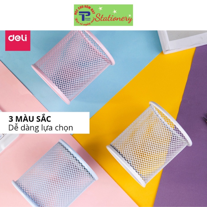 Cốc cắm bút kim loại Deli, 91x98mm - Xanh dương / Hồng / Trắng - 1 cái - 9153