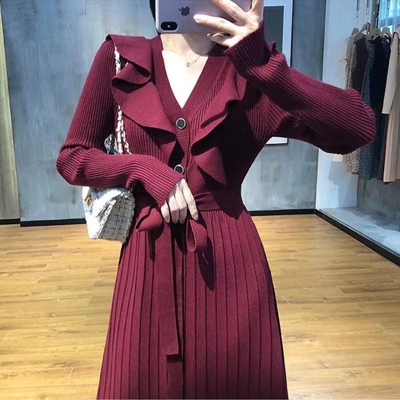 Đầm sweater dệt kim phối bèo thời trang thu đông sang trọng cho nữ