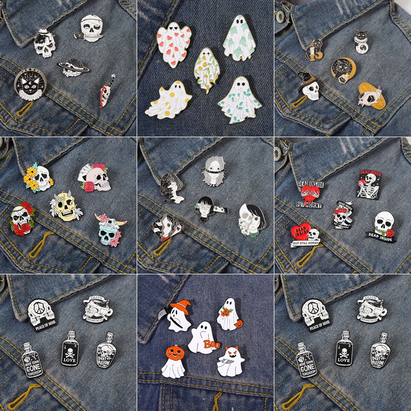 Bộ 5 huy hiệu cài áo QIHE JEWELRY hình đầu lâu phong cách Halloween độc đáo