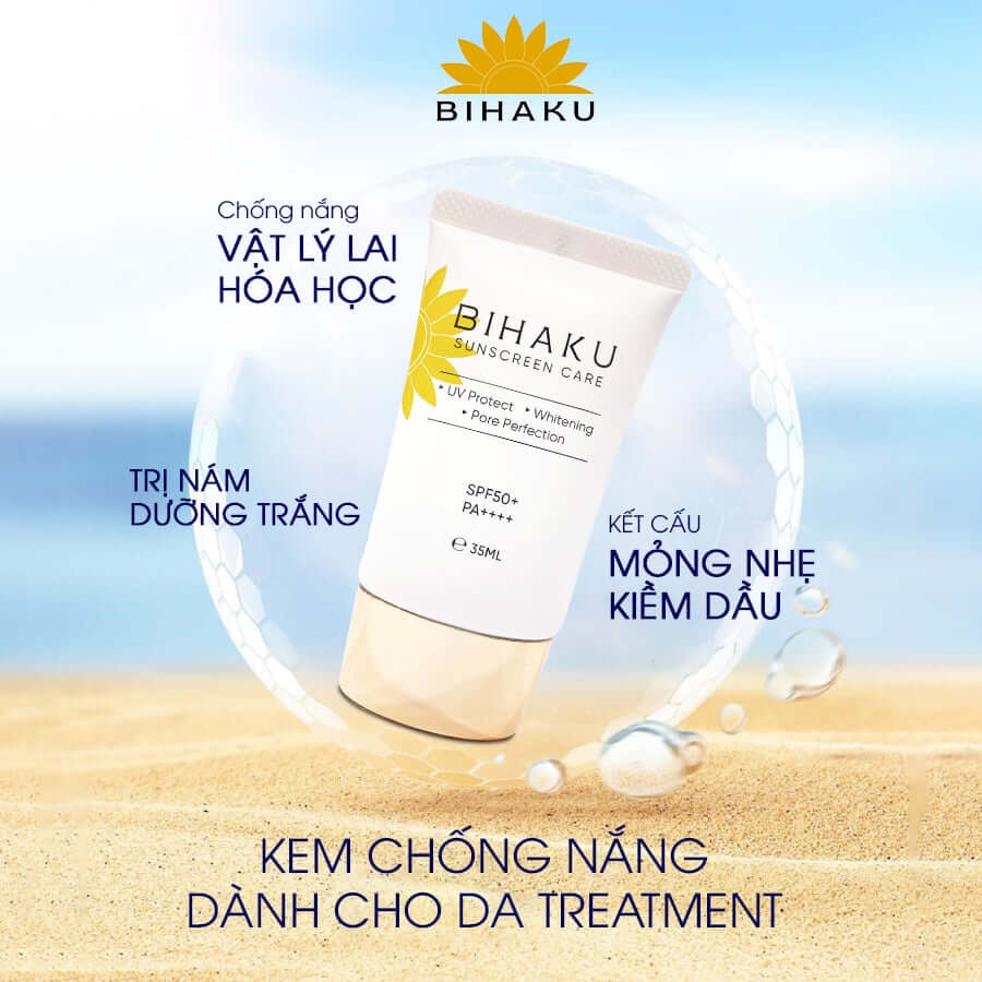 Kem chống nắng cho da nhạy cảm Bihaku Sunscreen Care SPF 50+ PA++++ dưỡng trắng kiềm dầu chống tia UV