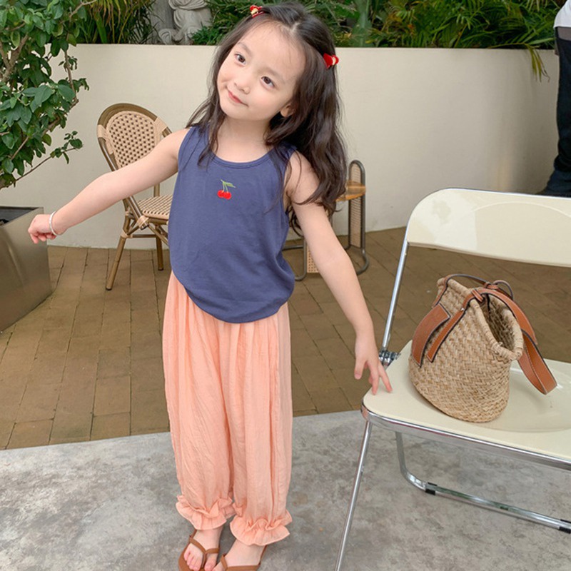 Áo Hai Dây Thêu Hình Cherry Dễ Thương Phong Cách Hàn Quốc Thời Trang Mùa Hè Cho Bé Gái