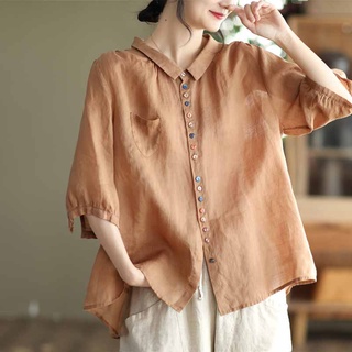 Áo sơ mi cotton linen tay ngắn phối một hàng nút phong cách retro
