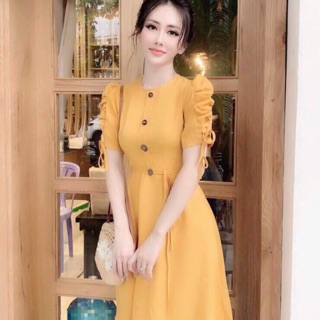 BB135 Đầm tiểu thư tay phồng rút dây khuy xinh xắn