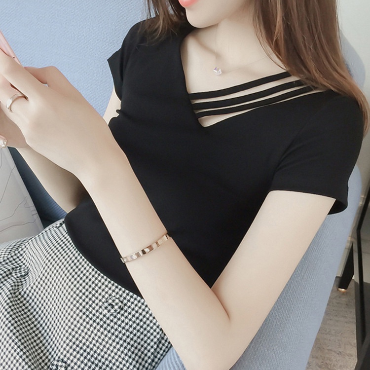 Áo Thun Nữ Cổ Chữ V Dáng Ôm Phong Cách Hàn Quốc Thời Trang Mùa Hè