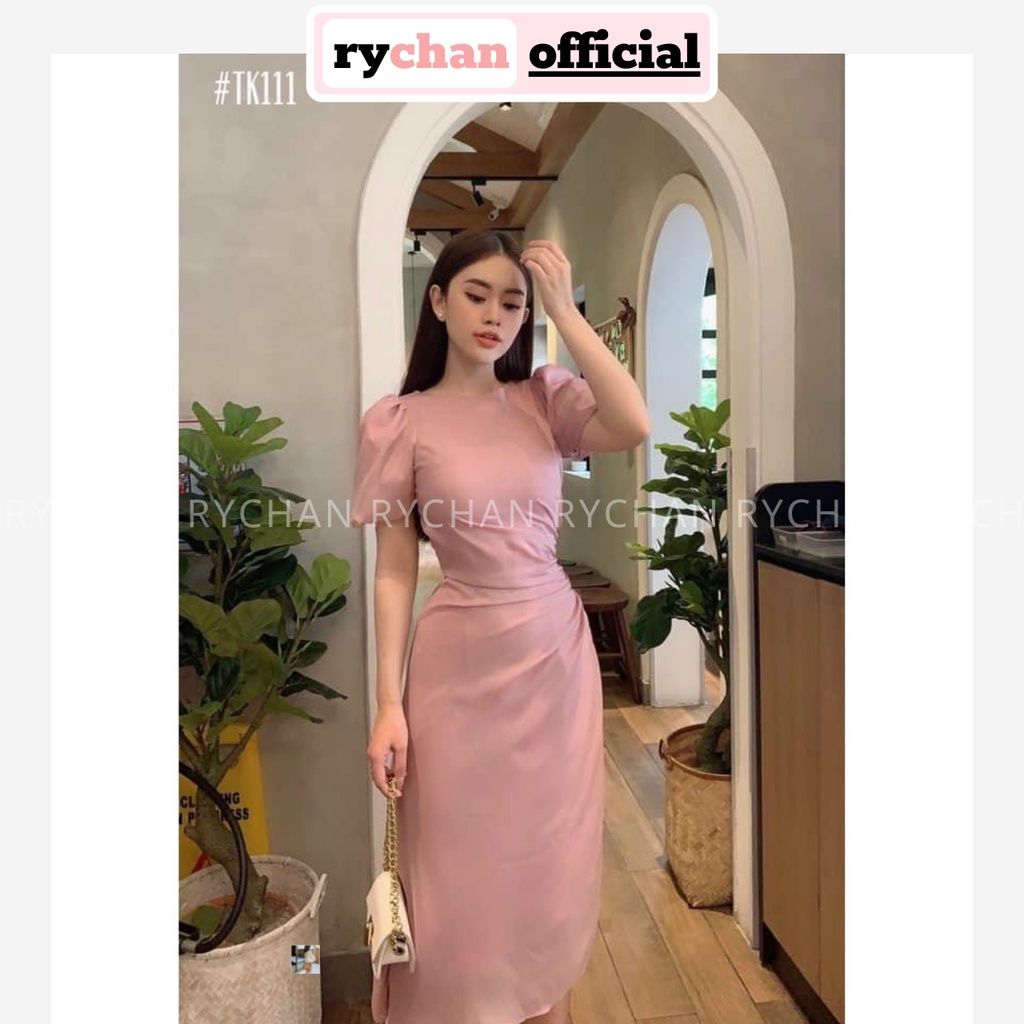 Đầm Xòe Midi Hồng Lệch Tà Nhún Sườn [Ảnh Thật Cuối] - DX0053
