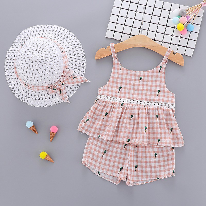 Bộ áo sát nách in hoa + quần ngắn + Mũ cho bé gái