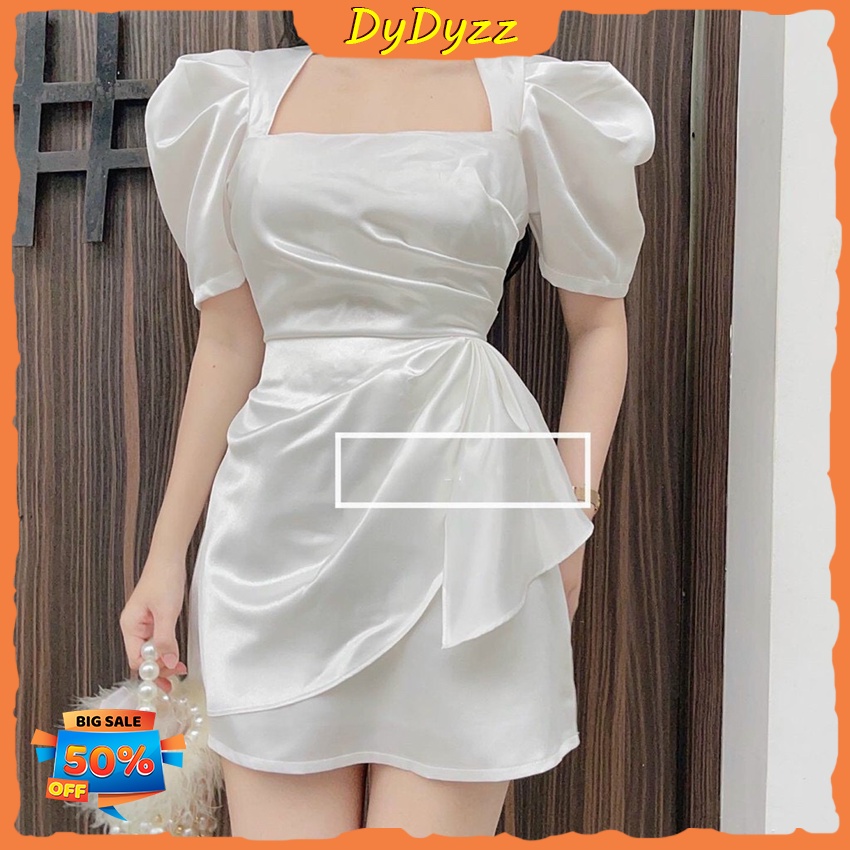 Đầm Dự Tiệc, Dạo Phố Cổ Vuông Tay Bồng Nơ Eo Xinh Xắn Dễ Thương