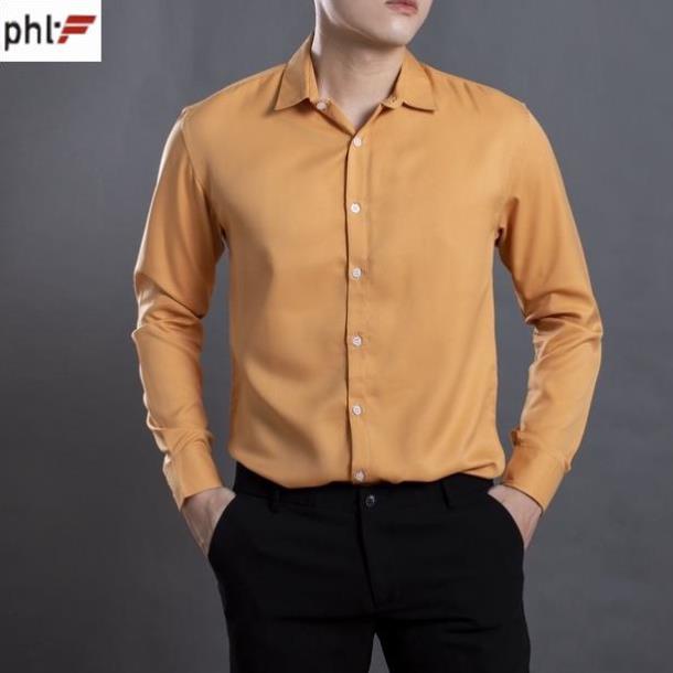 Áo sơ mi nam dài tay phlfashion - 1523B , Màu vàng bò, đỏ đô tươi trẻ, Chất mịn mát không xù lông