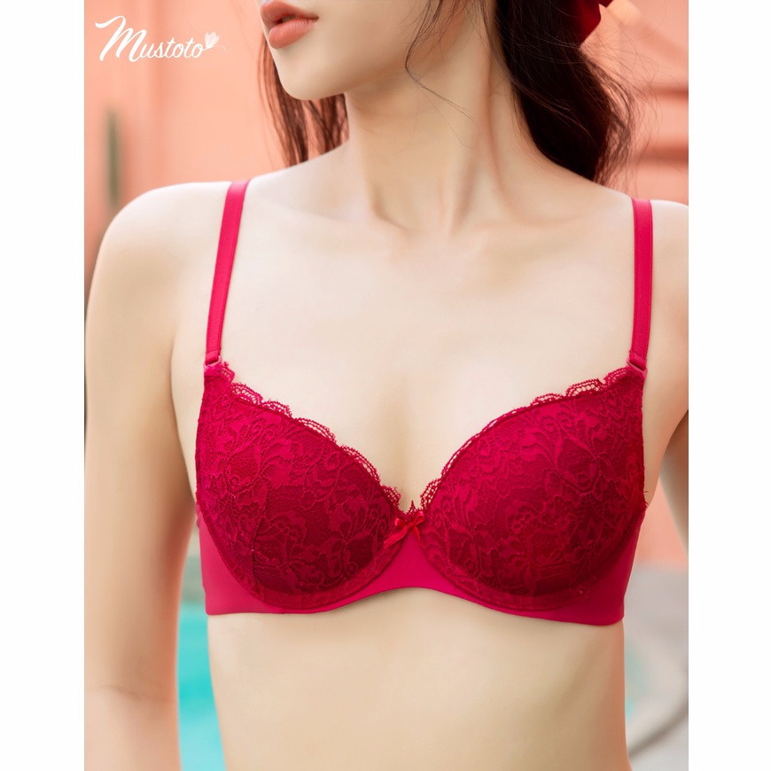 Áo Lót Nữ Ren Phối Trơn Mút Mỏng Nâng Ngực Gợi Cảm Thoải Mái (Mustoto MA47 Đỏ)