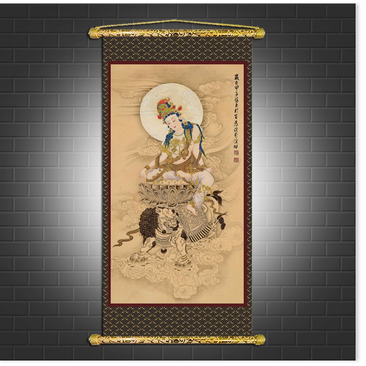 Tranh Liễn Phật Giáo - Quan Thế Âm Bồ Tát – Vải canvas kim tuyến nẹp sáo gỗ tự nhiên nhiều size nhiều mẫu thiết kế
