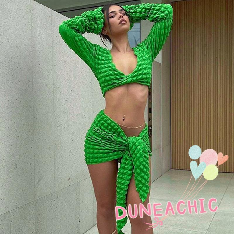 DUNEA Set đồ gồm áo croptop tay dài cổ chữ V và chân váy màu trơn thắt dây thời trang