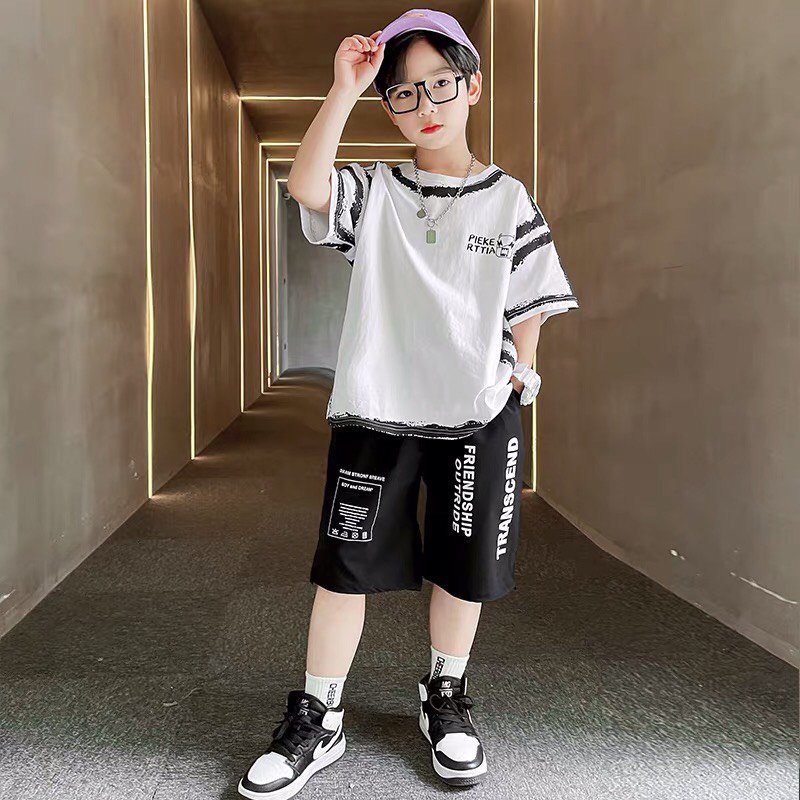 Đồ bộ bé trai BABEKIDS cotton họa tiết in PIEKE trắng đen, thời trang dành cho trẻ em từ 4 đến 10 tuổi