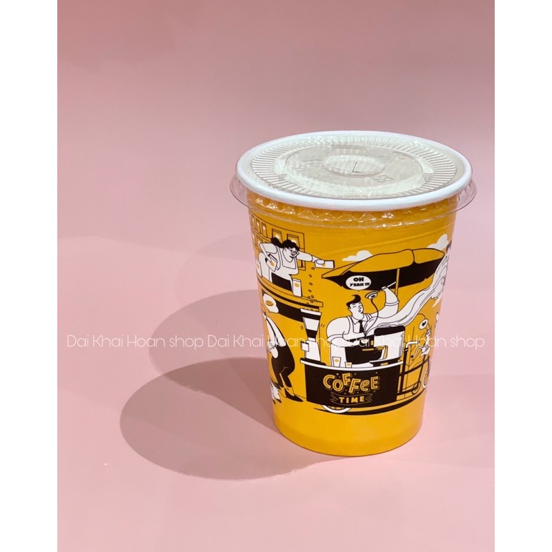 50 Ly Giấy In Hình Coffee Time Vàng  14oz – 360ml Có Nắp | Ly giấy cafe | Ly giấy đựng cà phê | Cốc giấy.
