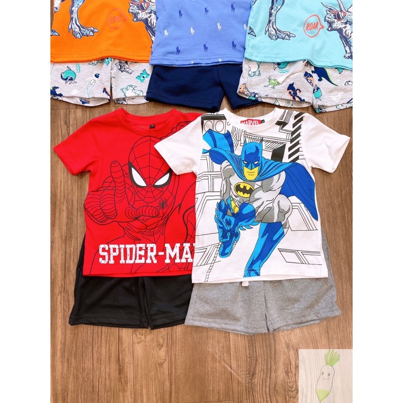 Bộ đồ hè bé trai. Bộ cộc tay hè cotton họa tiết Spiderman, Batman, Khủng long, Ngựa G@p BT BOH35