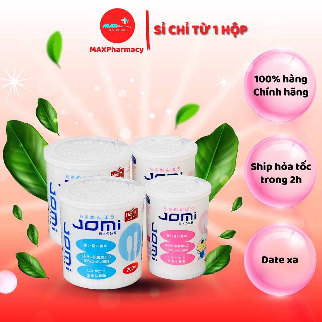 10 HỘP Tăm Bông Ngoáy tai Kháng khuẩn JOMI người lớn 1 đầu tròn 1 đầu xoắn 200 cây - Maxpharmacy