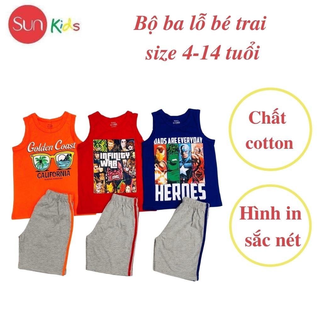 Đồ bộ bé trai, bộ ba lỗ cho bé chất thun cotton, nhiều màu, size 4-14 tuổi - SUNKIDS