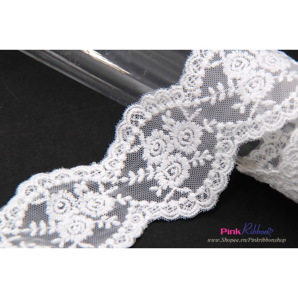 Ren trắng thêu hoa dày, bề rộng 6.5cm