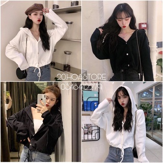 ÁO CROPTOP HOODIE NỈ DÂY RÚT TAY DÀI - ÁO KHOÁC HOODIE NỈ TÚI NGỰC CÀI CÚC TRẮNG ĐEN