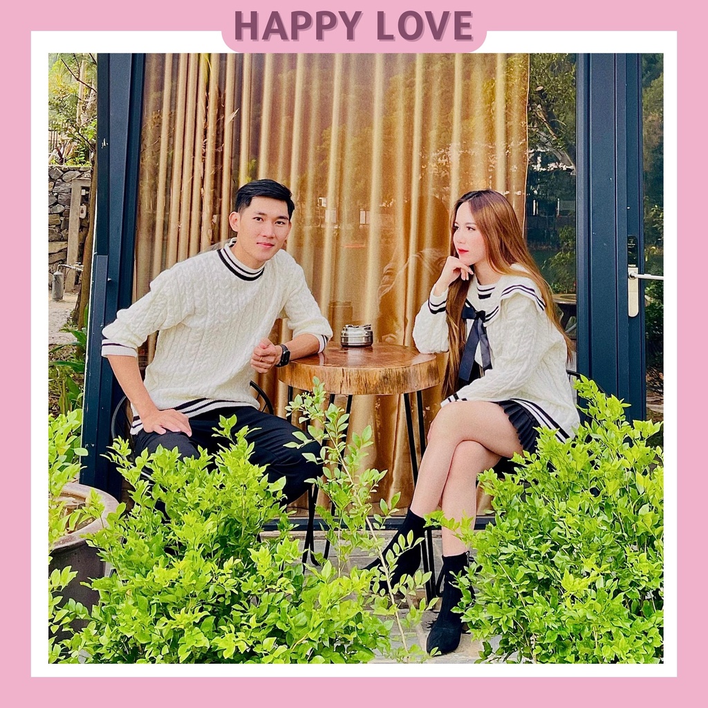 Áo len đôi nam nữ Quảng Châu form rộng Thuỷ Thủ màu trắng HAPPYLOVE, Set Áo Đồ Đôi Couple đẹp chất liệu Len dày dặn H012