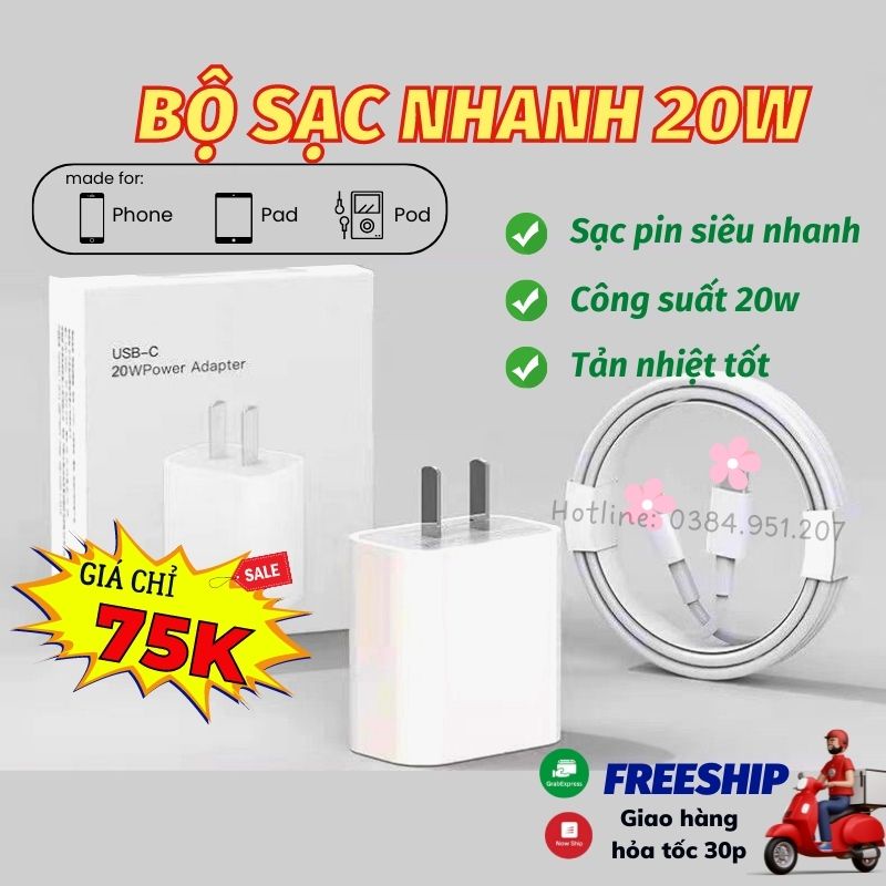 Củ Sạc Nhanh Kèm Cáp Sạc 20w Dành Cho IP Không Làm Chai Pin Chống Nổ Siêu Cao Cấp Đèn Led Akio