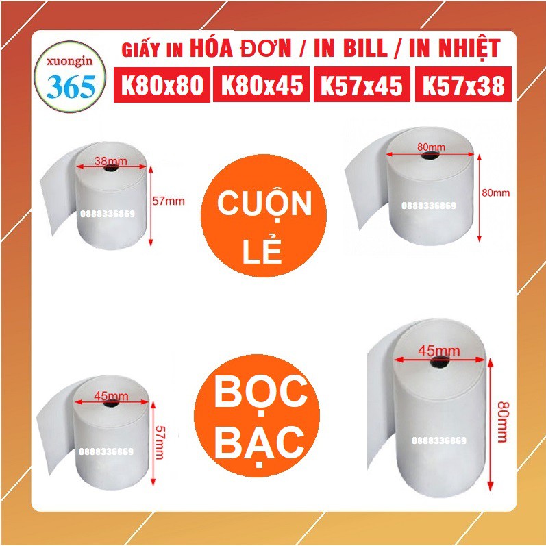 Giấy in hóa đơn, giấy in bill K80 (80x80, 80x45) - K57 (57x38, 57x45) (mm) chuyên dùng cho máy tính tiền, Pos.