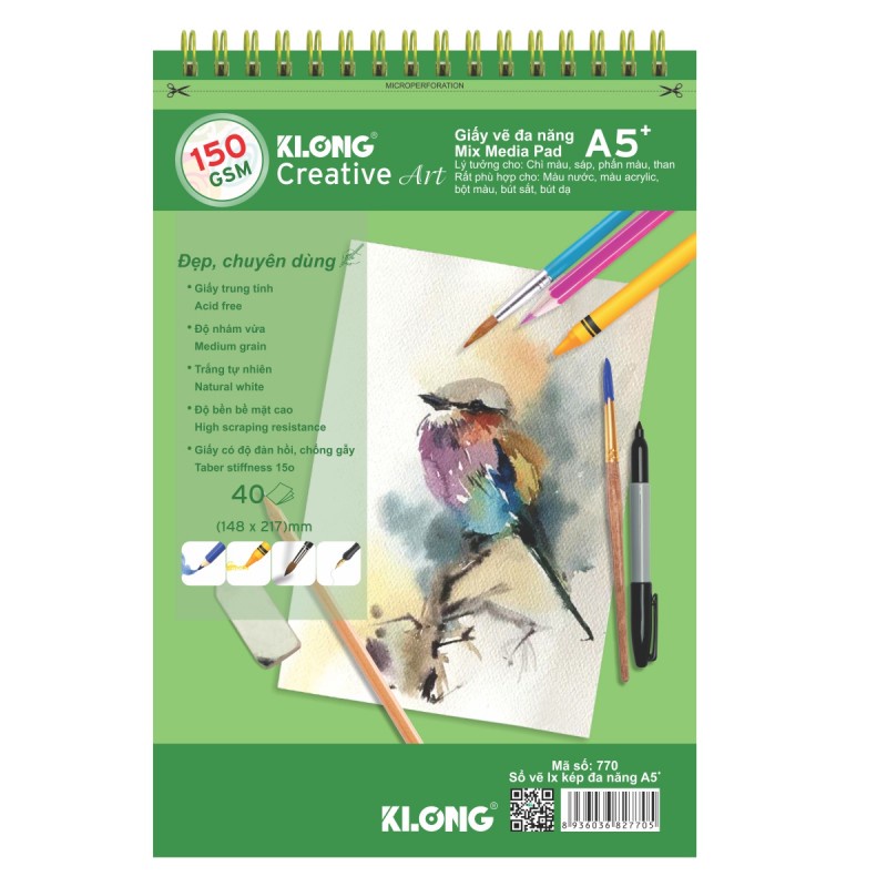 SỔ VẼ LÒ XO KLONG CREATIVE ART A5 - 150 GSM - 40 TỜ; MS: 770 / 150 GSM - 50 TỜ; MS: 771 / A4 - 150 GSM - 30 TỜ;MS: 772