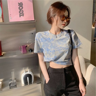 Mới Áo Thun Lửng Ngắn Tay Nhuộm Màu Phong Cách Hàn Quốc Cho Nữ