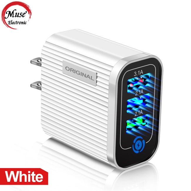 Củ Sạc Nhanh 3 Cổng Usb Có Đèn Led 5V / 3A Phích Cắm US / EU Cho Điện Thoại