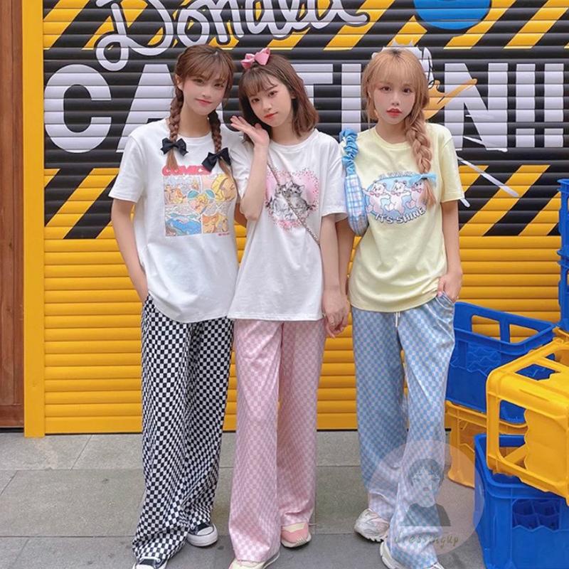 Quần Dài Ống Rộng Lưng Thun Dây Rút Họa Tiết Caro Thời Trang Cho Nữ