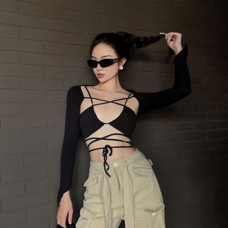 Áo Bra Dây Quấn Tay Dài LSEOUL A2556 Chất Thun Co Dãn Năng Động Hiphop Gợi Cảm