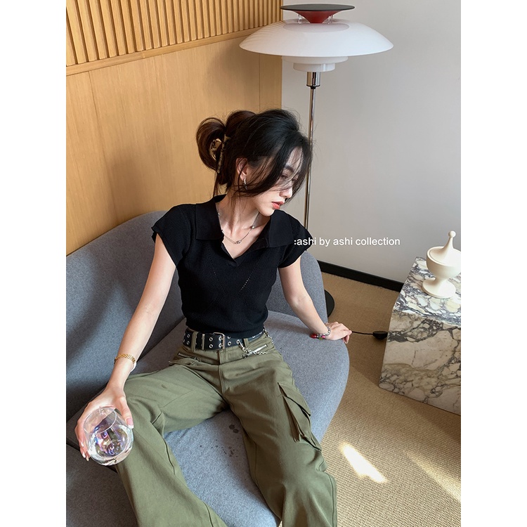 Porozi  Áo thun dệt kim  mỏng tay ngắn cổ polo thời trang Hàn Quốc dành cho nữ