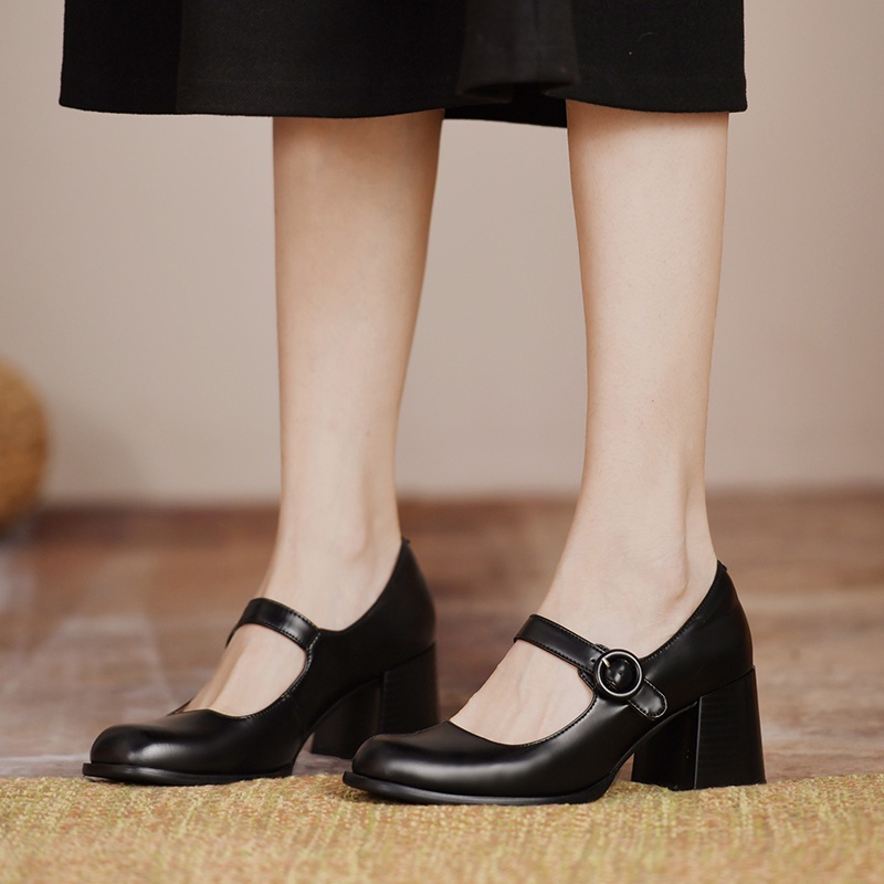 Giày Cao Gót Da Đế Dày Mũi Tròn Màu Nâu/Đen Cho Nữ