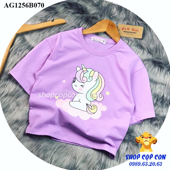 Áo thun croptop hình ngựa 1 sừng cho bé gái từ 24kg đến 38kg