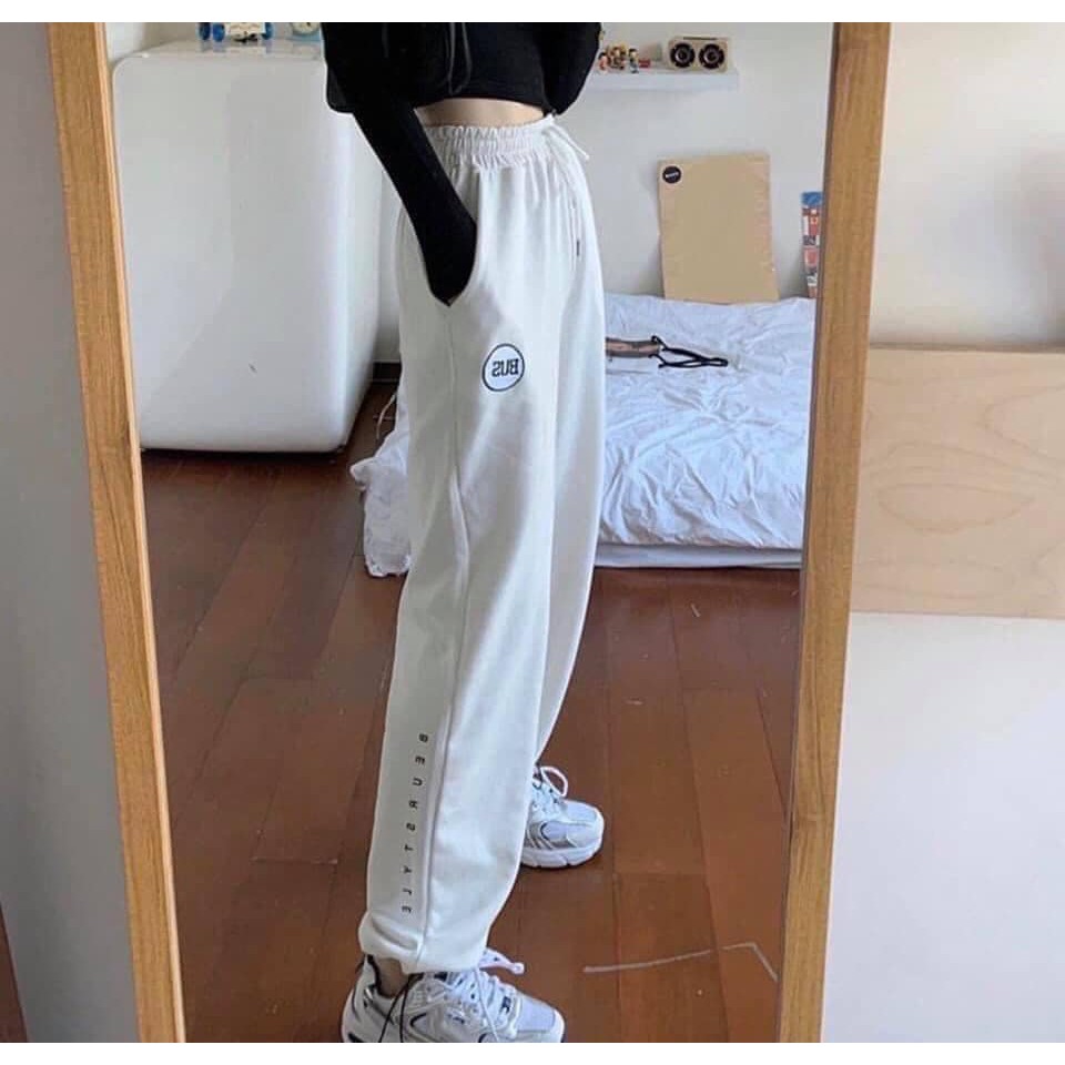 Quần Nỉ Da Cá BUS Unisex [FREESHIP] 🌸 Jogger suông ống rộng rút dây thêu chữ màu ĐEN | TRẮNG | XÁM Ulzzang HOT 🌸 | BigBuy360 - bigbuy360.vn