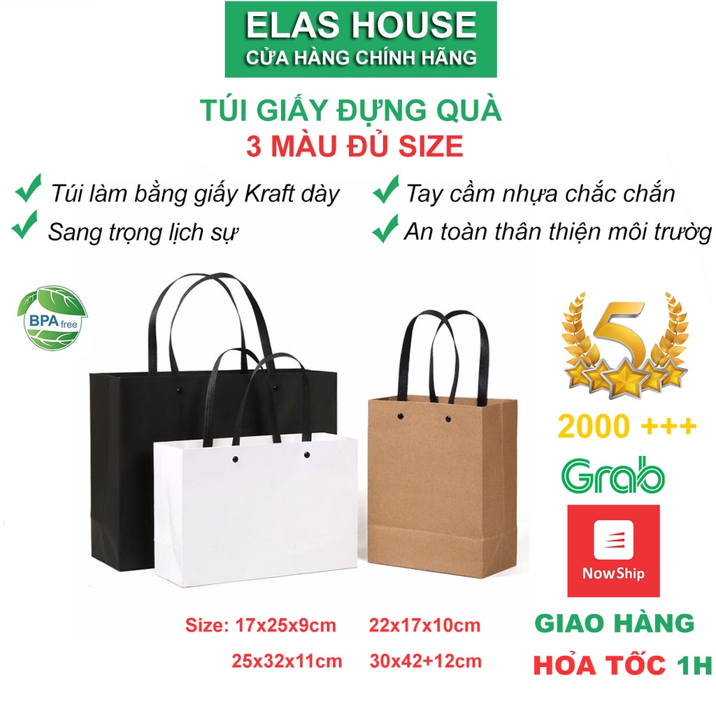 Túi giấy đựng quà Elas Home Túi giấy kraft đựng quà sang trọng có 3 màu đen hồng Kraft quai xách nhựa chắc chắn