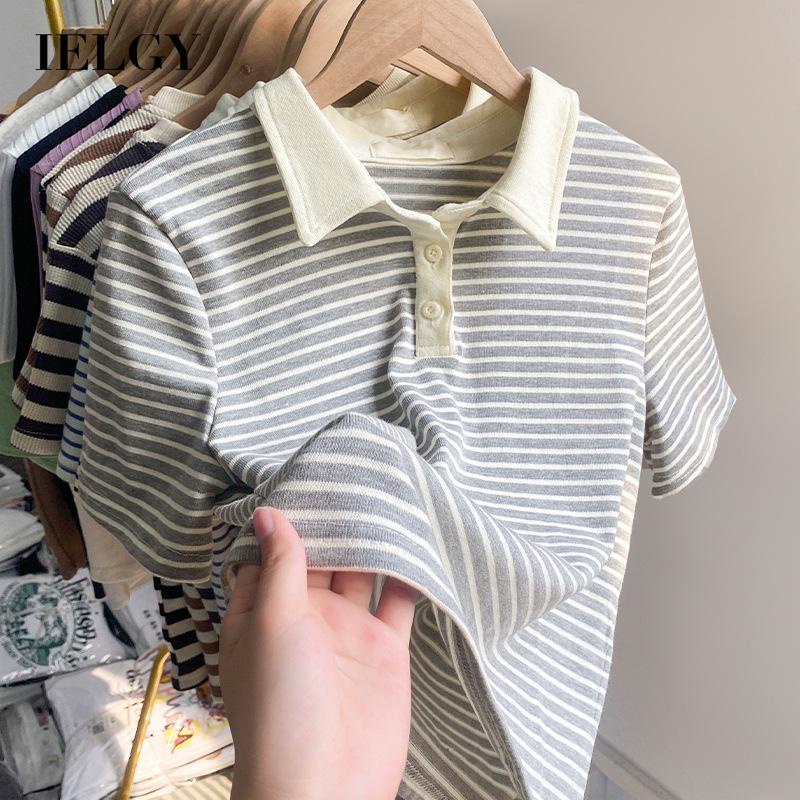 Áo polo IELGY ngắn tay họa tiết kẻ sọc phong cách thời trang Hong Kong