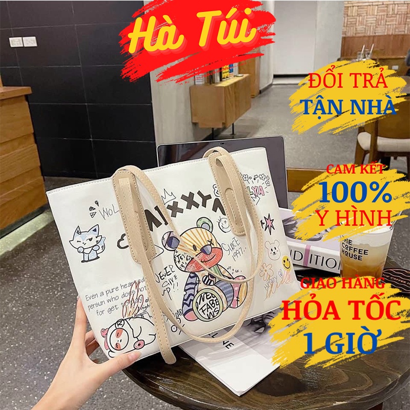 Túi tote nữ đeo vai họa tiết gấu MIXXY cực dễ thương, da mềm đựng vừa A4, Hà túi HT20