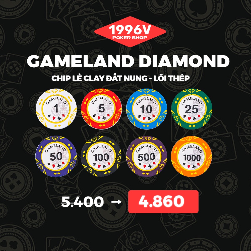 Chip Poker có số, phỉnh poker Gameland Diamond chip set Pocker đất nung - 1996V Poker Shop